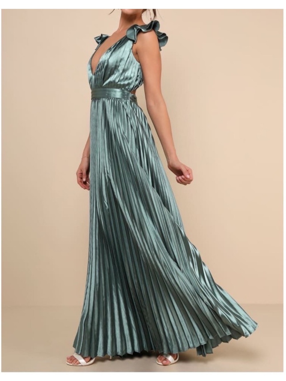 NWT Lulus Exceptional Drama Sage Green Satin Lace-Up Pleated Maxi Dress Large